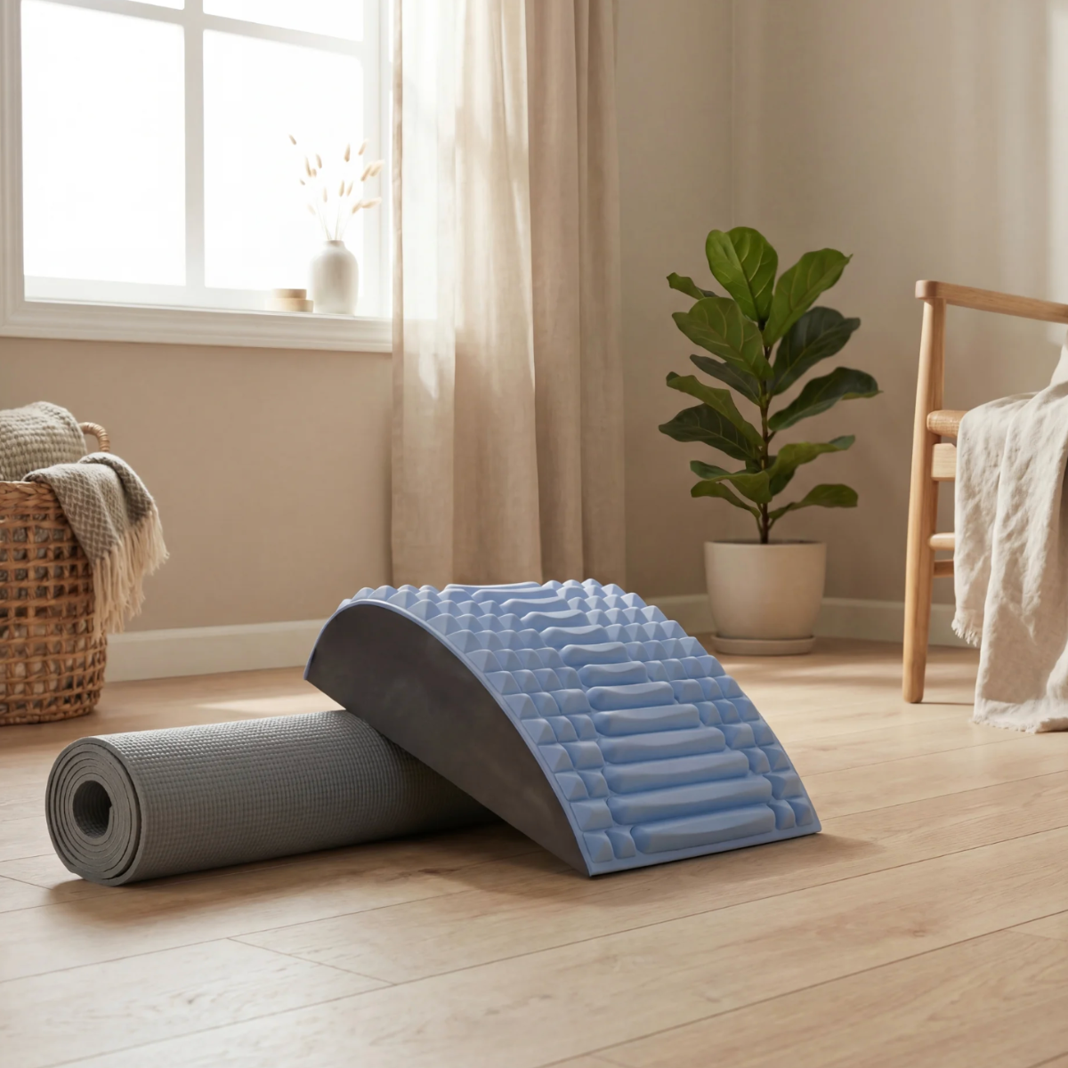 VitaRelief back stretcher on yoga mat in cozy home setting — lumbar and neck pain relief device
