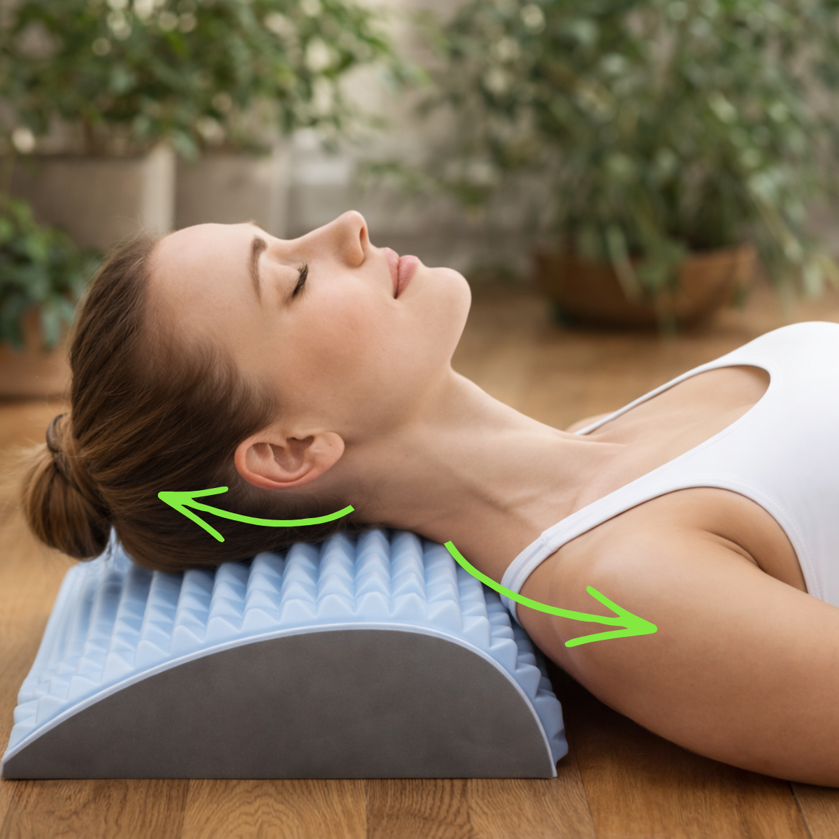 Woman resting on VitaRelief back stretcher showing neck and shoulder decompression cervical spine pain relief device
