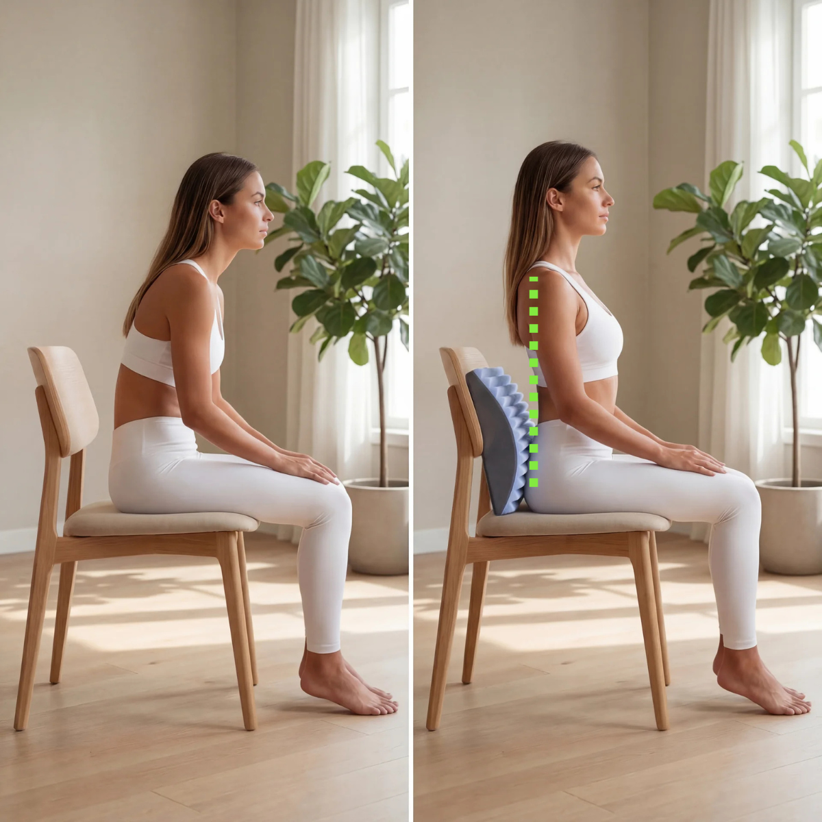 Woman sitting on a chair with and without a back support cushion in a bright room.