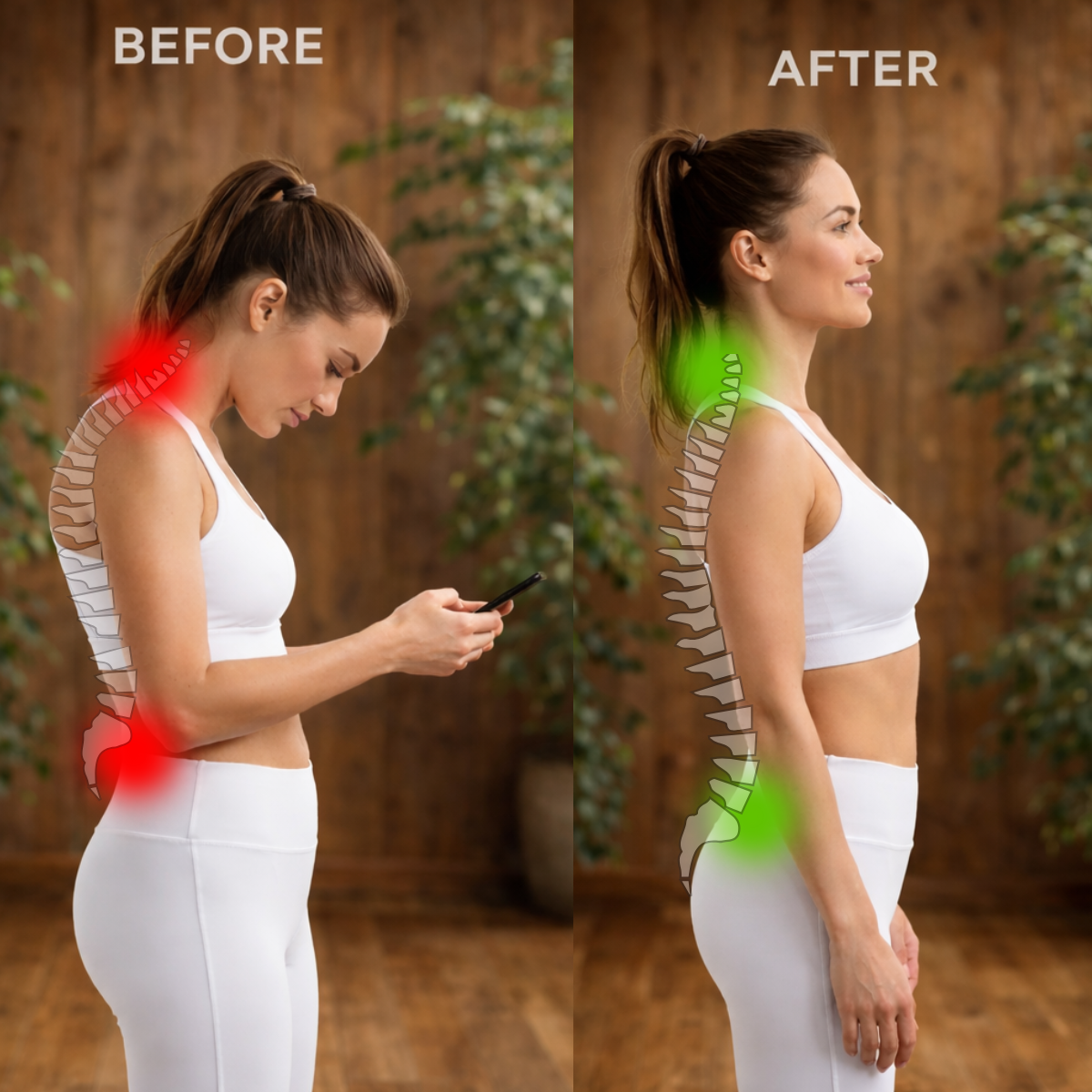 Before and after comparison of a woman with poor posture using a phone, highlighting corrected posture with green light spine alignment improvement showing reduced back pain and corrected posture